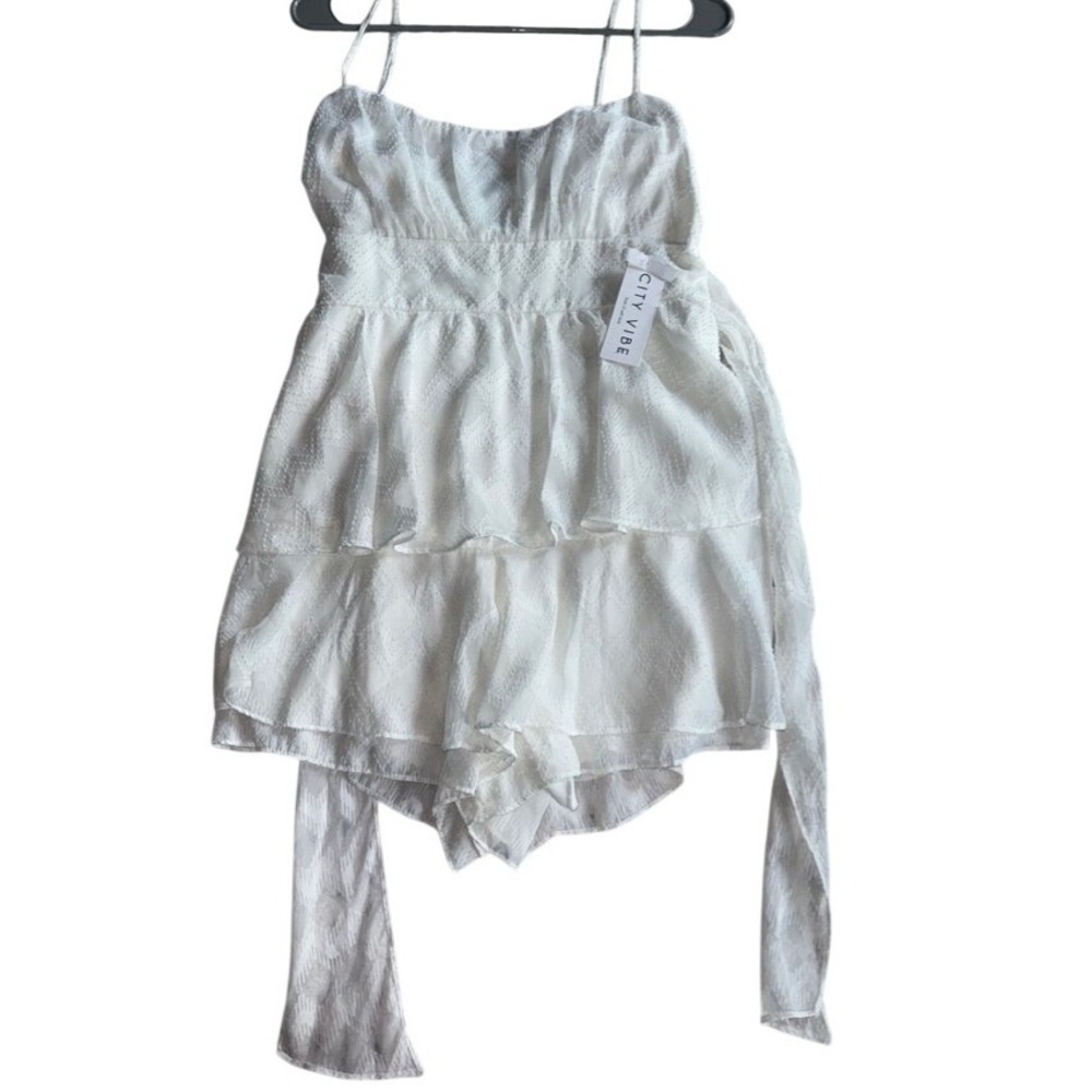 City Vibe White Tiered Ruffle Spaghetti Strap Mini Dress Size L
